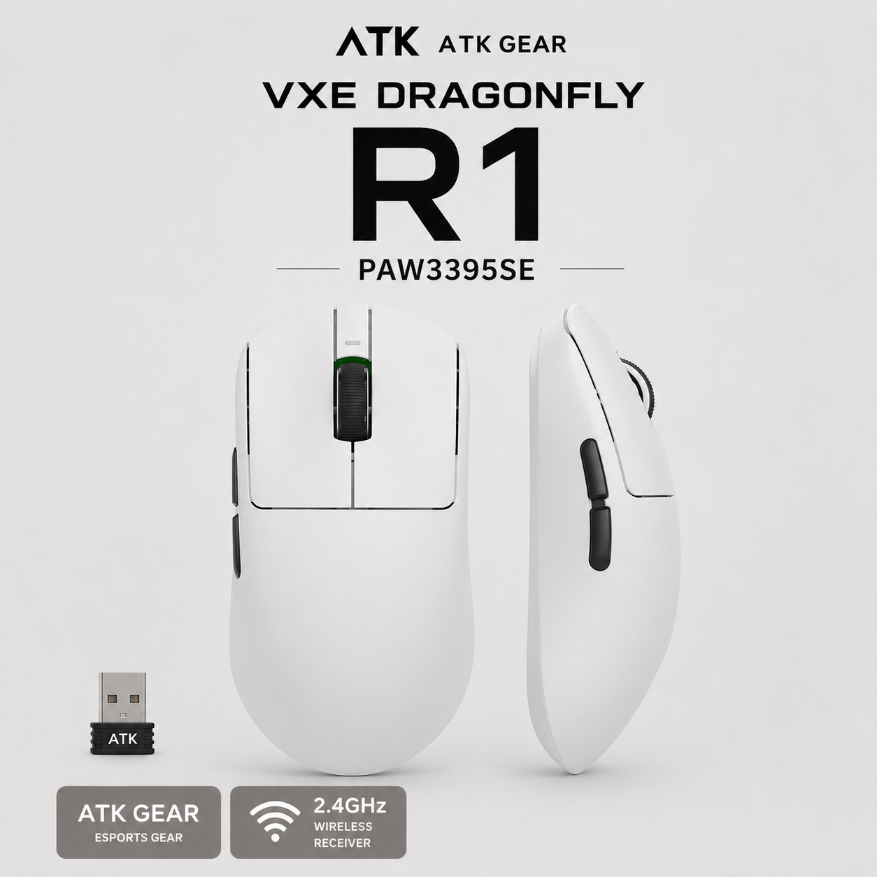 VGN R1 Lightweight Wireless Gaming Mouse, PAW3395SE Sensor (Black/White)